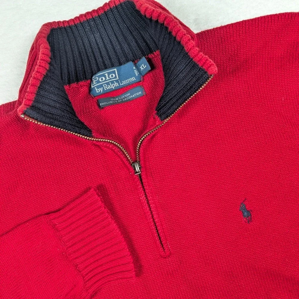 Polo Ralph Lauren Sweater Mens XL Red‎ 1/4 Zip Mock Neck Cotton Pullover Pony